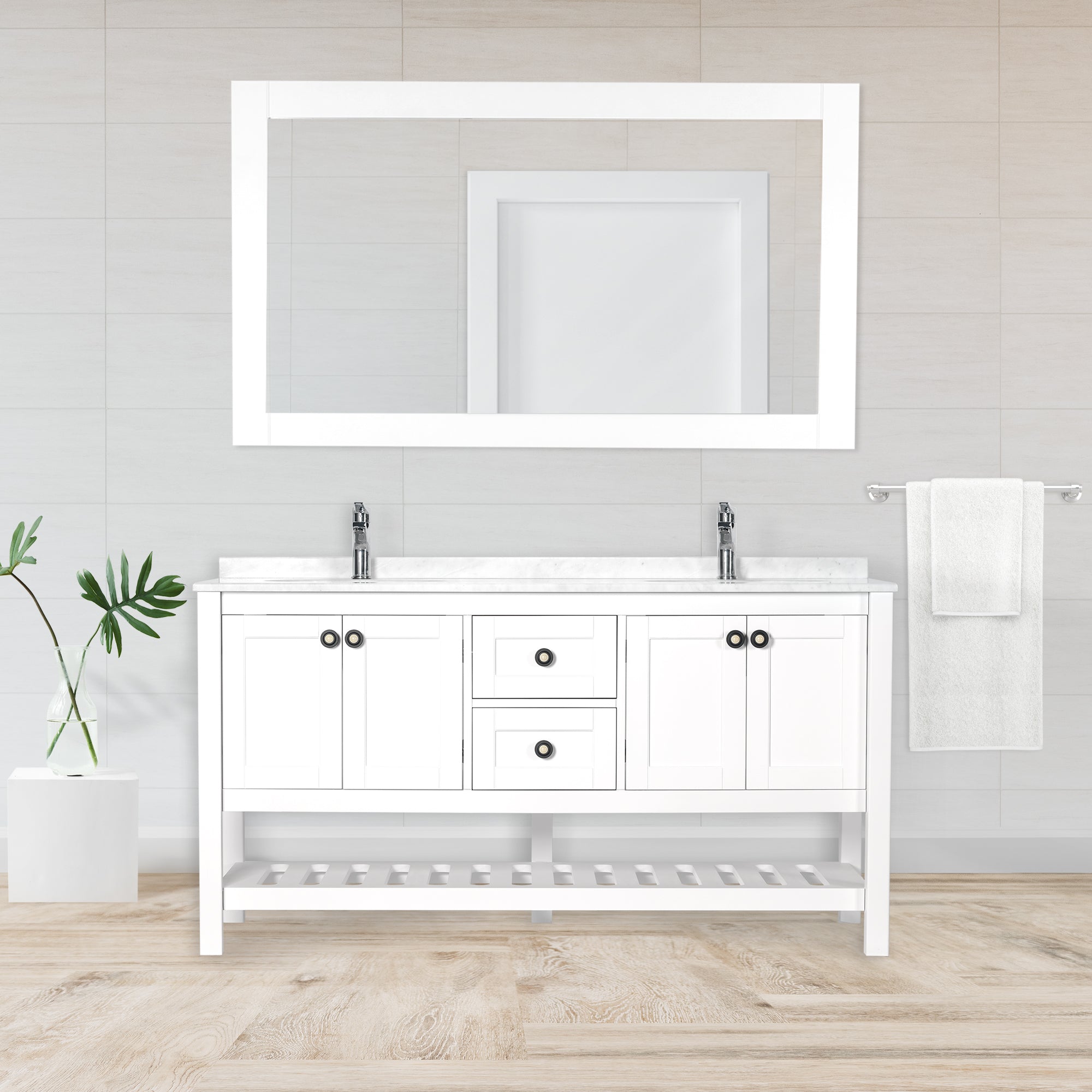LUCCA 60 INCH FREE STANDING VANITY AND SINK COMBO WITH MATCHING MIRROR - WHITE