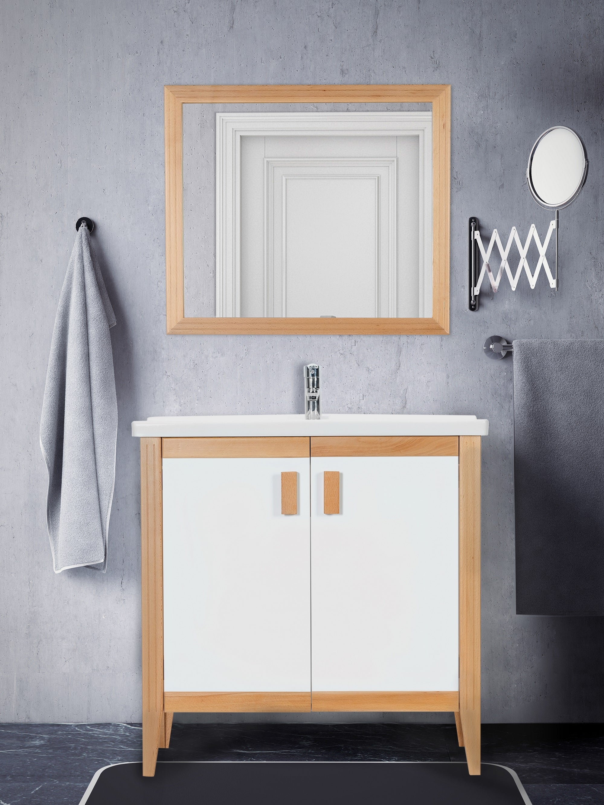 MADRID 32 INCH FREE STANDING VANITY AND SINK COMBO WITH MATCHING MIRROR -  WHITE & OAK